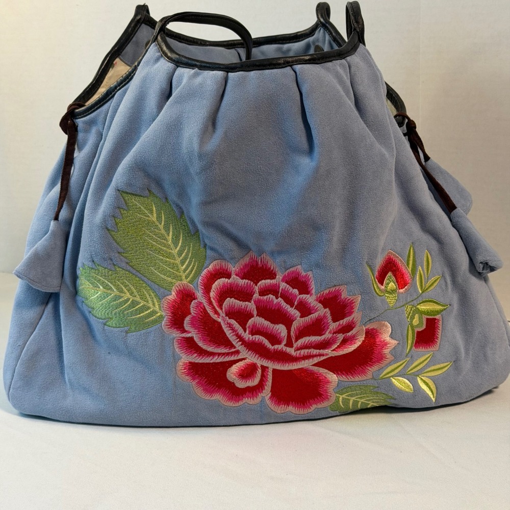 Laura Rosnovsky Purse Tote Bag Women Large Blue Floral Embroidered Faux Suede